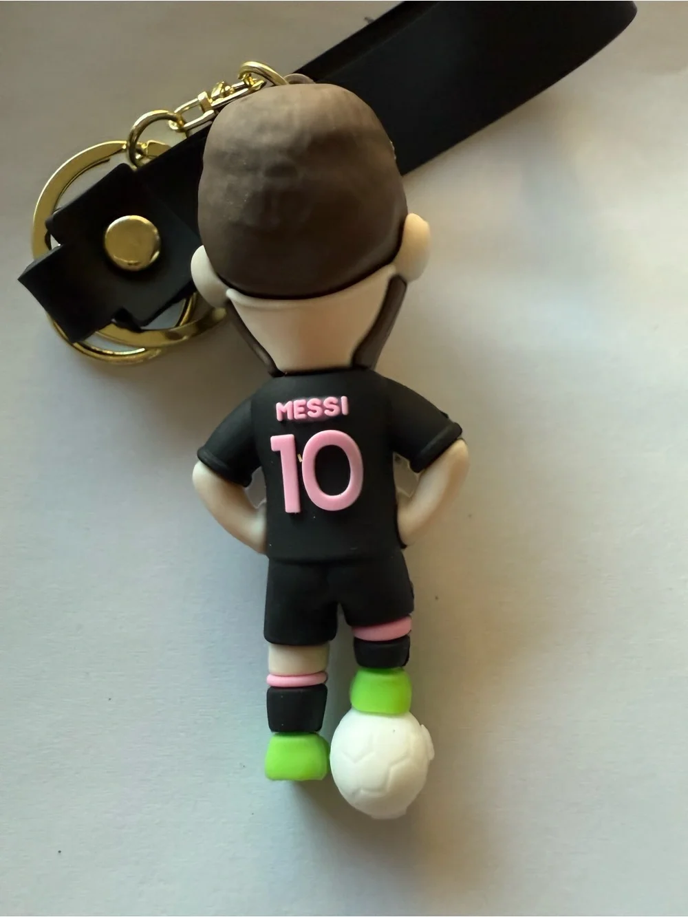 Messi Soccer Keychain - Black and Pink with neon green shoes